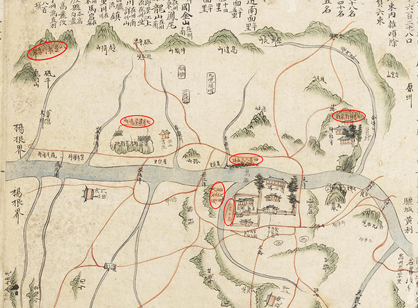 1724 해동지도(海東地圖 古大4709-41-v.1-8) 일부. 지도위의 팔경 표시는 필자가 편집 (규장각 소장)