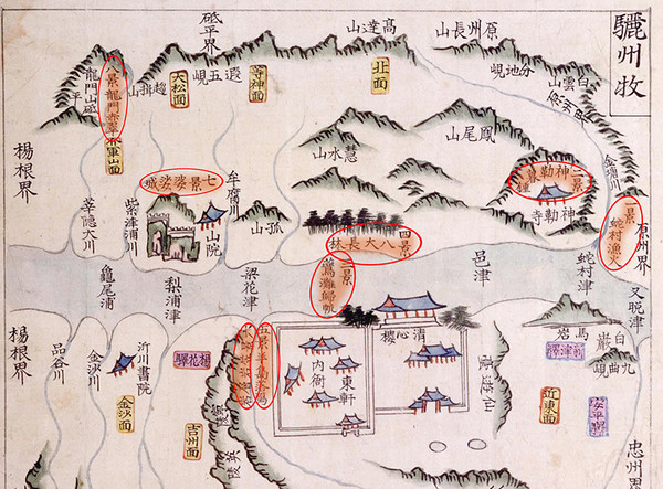 1737 광여도(廣輿圖 古4790-58) 일부. 지도위의 팔경 표시는 필자가 편집 (규장각 소장)