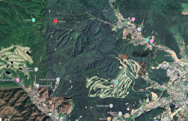 △구글지도에 나타난 주어사지 위치와 부근의 지형 지도
